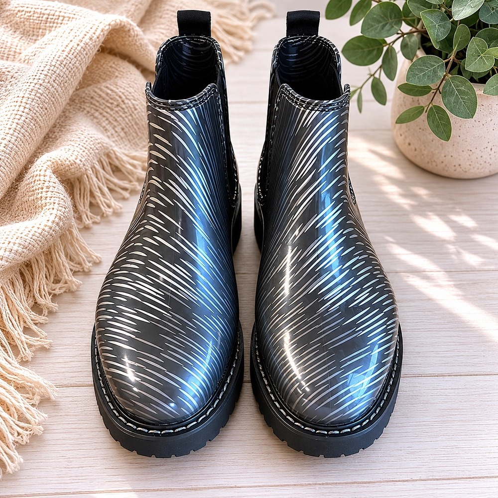 Cougar x Jill Malek Kensington Night Rain Boots Waterproof Chelsea Noir Silver 6